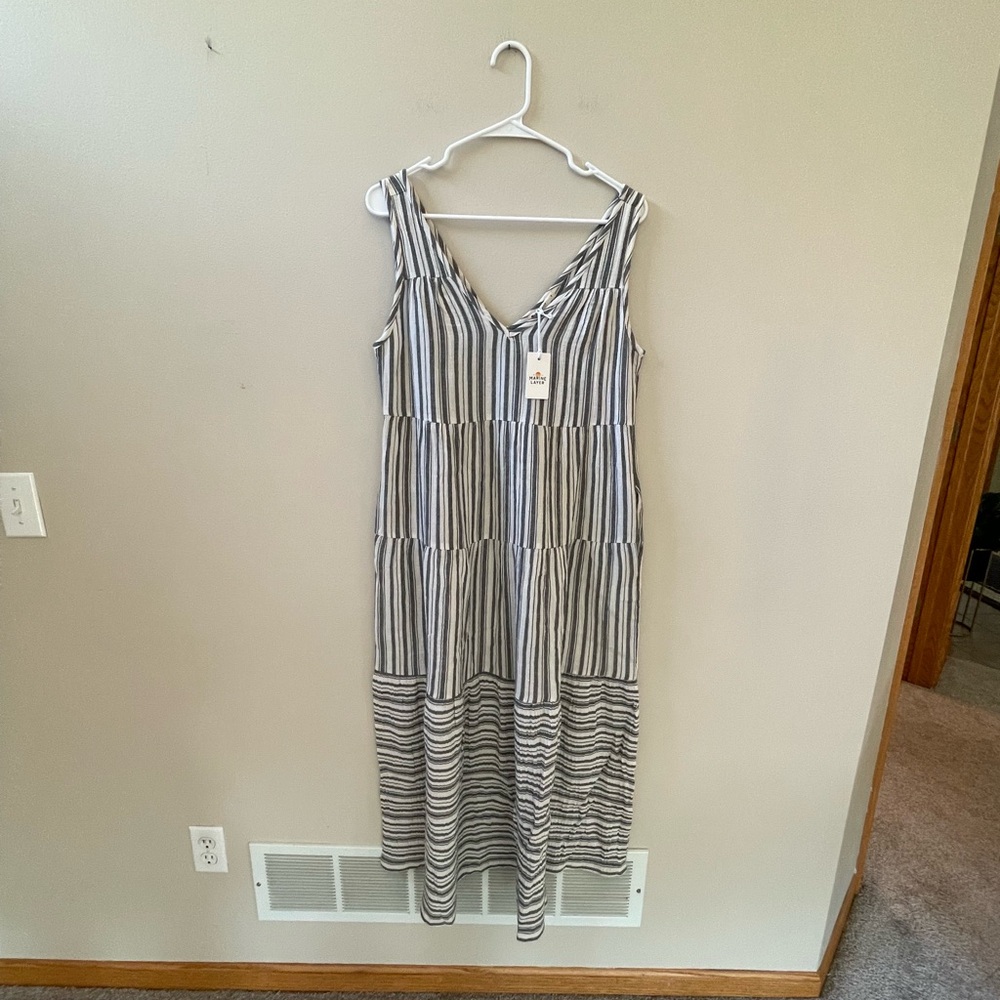 Marine Layer Black and White Striped Ruffled V-Neck Maxi Dress, Sz S - Picture 3 of 10